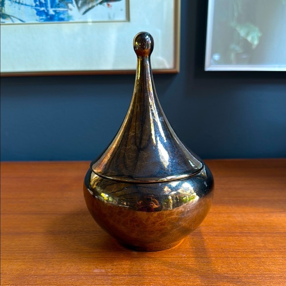 Vintage 1983 handmade porcelain trinket box tarnish gold glaze abstract shape - Picture 3 of 5